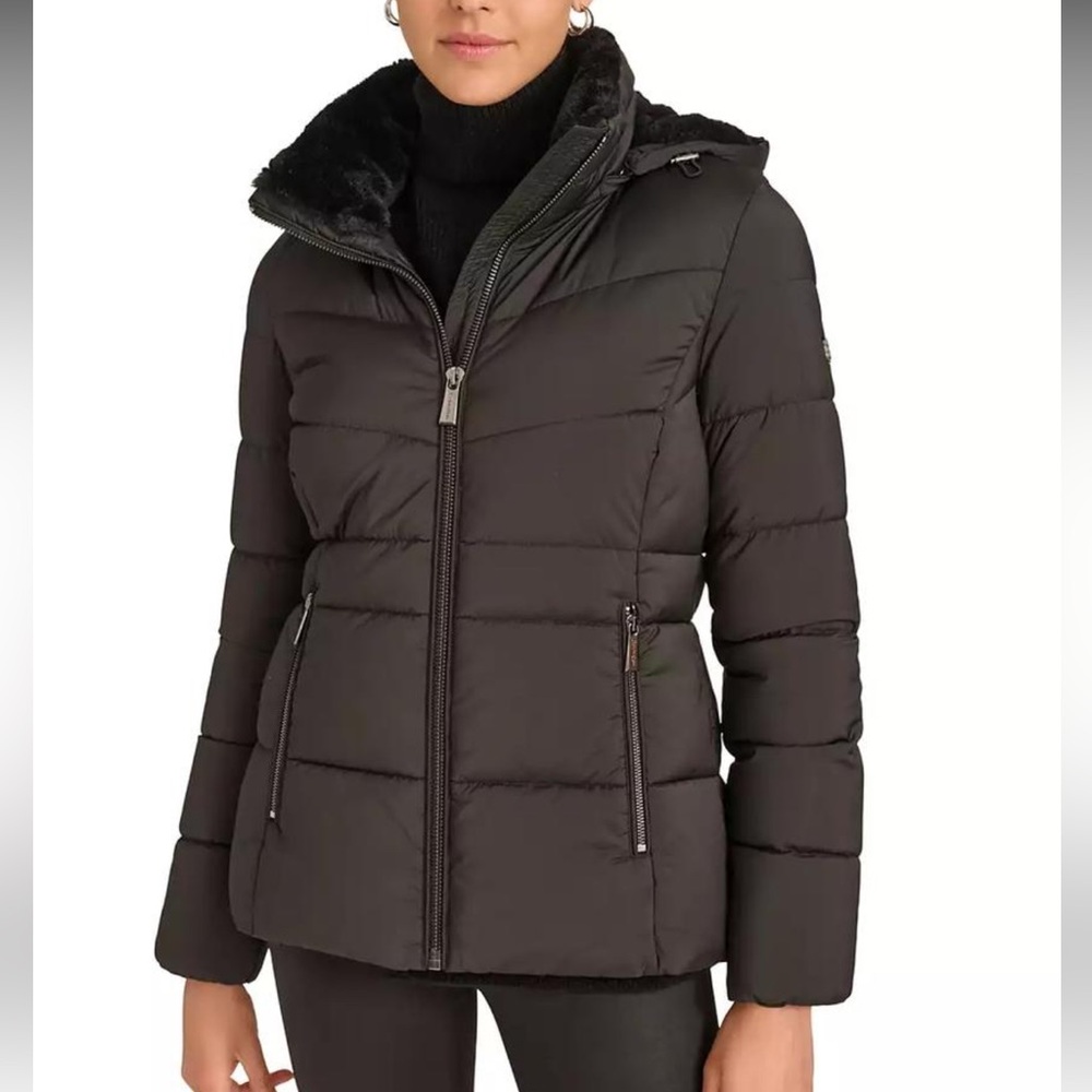 Calvin Klein Black Faux Fur Lined Hooded Puffer  Down Coat